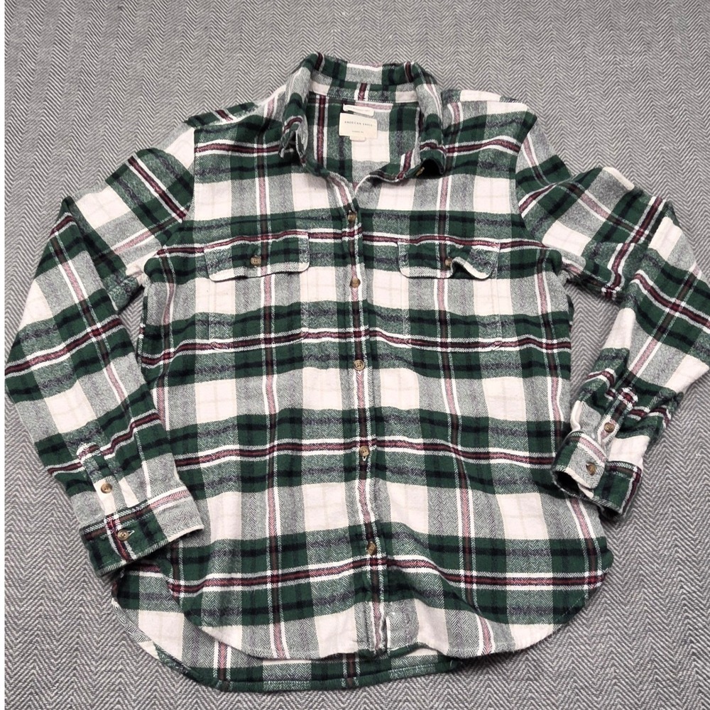 American Eagle Mens XL Green White Plaid Flannel Shirt Classic Fit‎ Soft Viscose